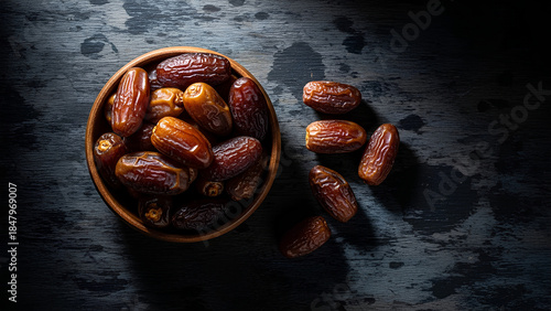 Fototapeta Naklejka Na Ścianę i Meble -  Dates in Bowl on Dark Texture Background. Sweet dried fruits top view. Rustic grunge healthy snack for Ramadan. Organic vegetarian food