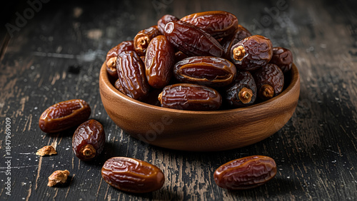 Fototapeta Naklejka Na Ścianę i Meble -  Dried Dates in Wooden Bowl. Heap of sweet brown fruits on dark rustic table. Healthy organic energy snack for Ramadan Iftar. Date fruit