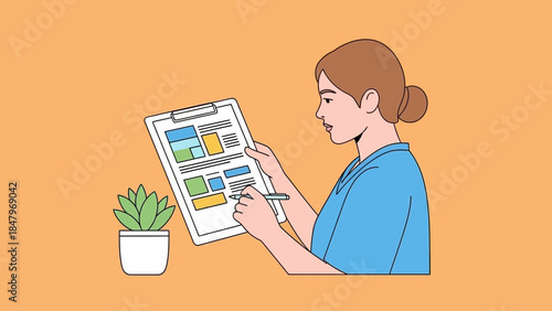 Focused woman with pen writing on clipboard document with charts and notes