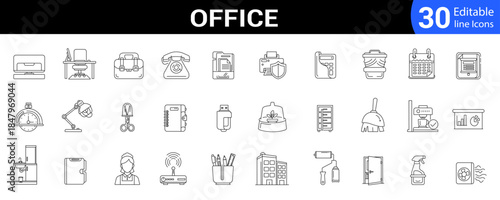 Office line icons mega set. Editable outline workspace, business, meeting, team, corporate, desk and more. Vector illustration