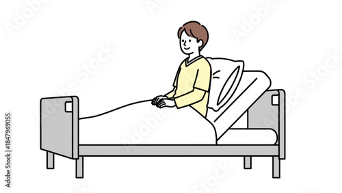 Young male patient sitting up in a hospital bed looking peaceful while recovering.