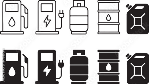 Minimalist Black-and-White Icons for Energy Infrastructure, Fuel and Energy Source Icons – Outline and Solid Styles