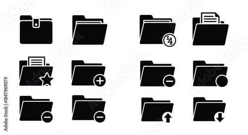 Collection of black folder icons with various symbols and indicators
