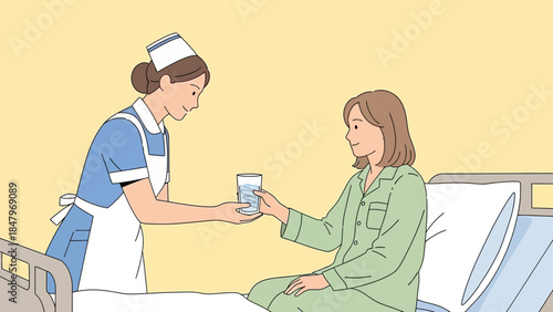 Nurse offering a glass of water to a patient in a hospital room for comfort and recovery
