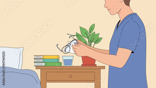 Person cleaning eyeglasses on a bedside table with books and a plant nearby
