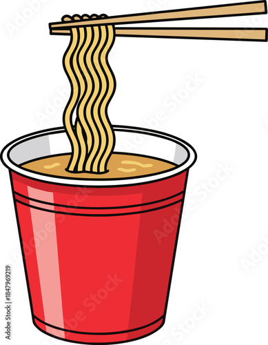 Instant Noodles Cup Illustration with Chopsticks Showing Hot Ramen Takeaway Food Concept Isolated on White Background