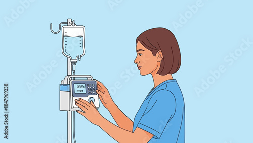 Nurse operating an infusion pump beside an IV bag in a medical setting