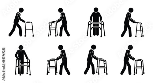 Stick figures using walkers and crutches depicting mobility assistance and rehabilitation