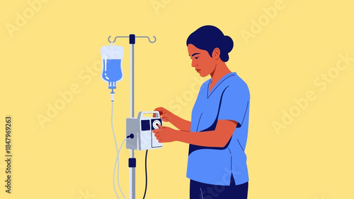 Nurse adjusts infusion pump next to intravenous drip bag for patient care