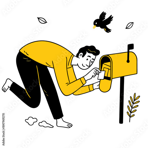 Man in yellow shirt checking mailbox with bird flying overhead