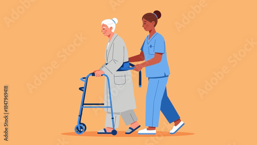 Caring nurse assisting an elderly woman with a walker on an orange background