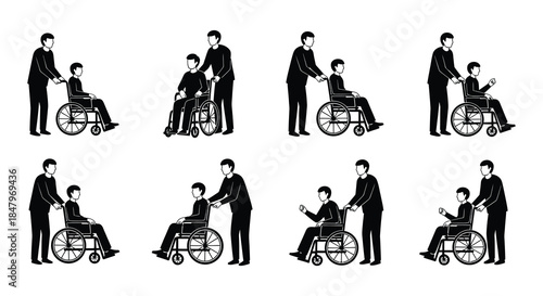 Accessibility and inclusivity depicting assistance to individuals using wheelchairs