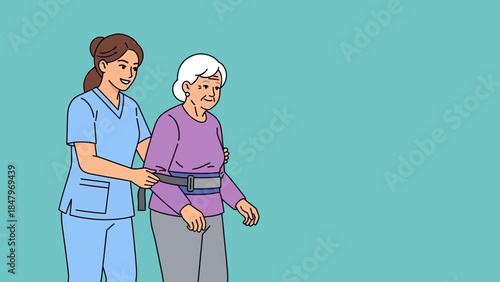 Caring caregiver assisting an elderly woman with walking, providing support and rehabilitation in a healthcare setting.