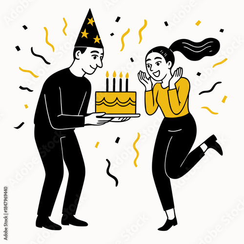 Couple celebrating birthday with cake and confetti