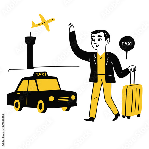 Man hailing taxi with luggage at airport