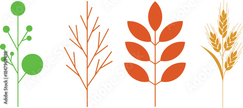 Minimal Plant and Grain Icons Set Illustration Featuring Leaves, Branches and Wheat Symbols for Agriculture, Nature and Botanical Design Concepts