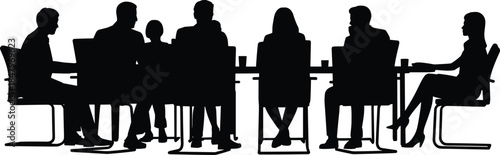 Business meeting silhouettes vector illustration showing corporate team discussion at conference table, teamwork collaboration concept, professional office scene design