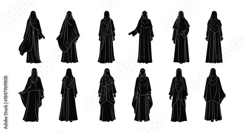 Silhouettes of women in traditional black niqabs and abayas a cultural representation