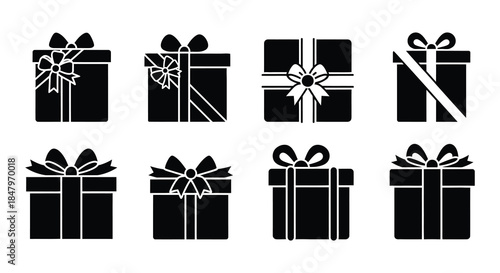 Collection of black and white gift box icons with decorative ribbons