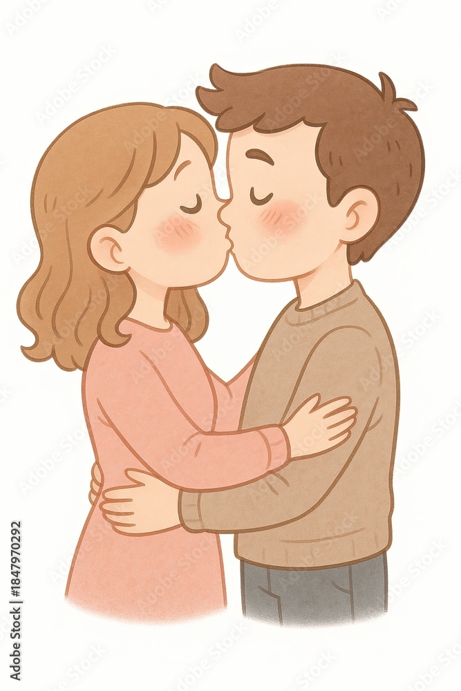Obraz premium Cartoon kissing couple cute soft pastel cartoon couple hugging and kissing romantic love illustration gentle valentine relationship