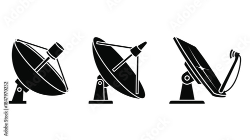 Three black silhouette illustrations of satellite dishes with varying angles