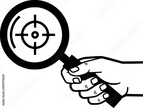 Hand Holding Magnifying Glass Focusing Target Line Art Vector
