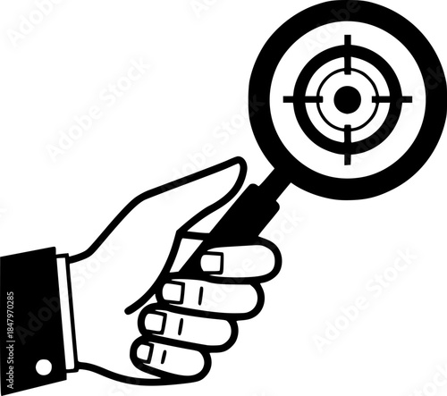 Hand Holding Magnifying Glass Focusing Target Line Art Vector
