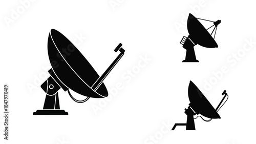Black silhouette illustrations of three satellite dishes on a white background