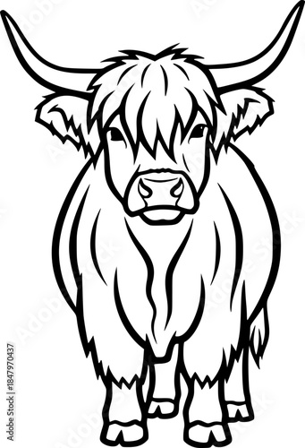 Cute Highland Cow Vector Illustration Black and White Outline for Coloring Book Farm Animal Design Element
