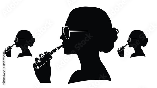 Silhouettes of women playing clarinets a striking monochrome musical scene
