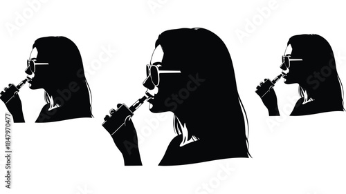 Silhouetted woman smoking in profile depicted in three repeating views