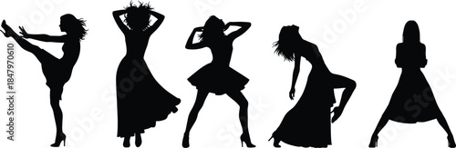 Dance silhouette, expressive women, stylish movement, artistic rhythm, joyful celebration, fashion illustration, lifestyle design, abstract art, freedom expression, dynamic performance concept
