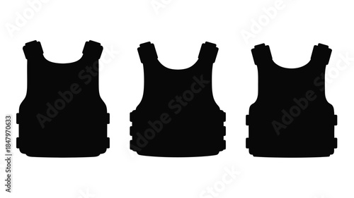 Three black silhouettes of tactical vests displayed in a simple arrangement