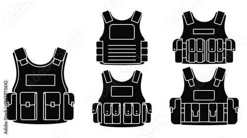 Collection of black and white tactical vests displayed in a graphic illustration