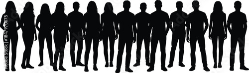 Diverse group of standing anonymous adult people silhouettes, team, community, and crowd concept, business collaboration, social networking, and togetherness illustration isolated on white background.