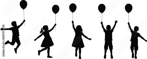 Extensive Collection of Diverse Children Silhouettes, Including Boys and Girls Jumping, Playing, Doing Acrobatics, and Holding Hands, Representing Childhood, Fun, Movement, and Friendship.