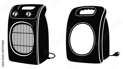 Black and white illustration of two portable electric space heaters with controls