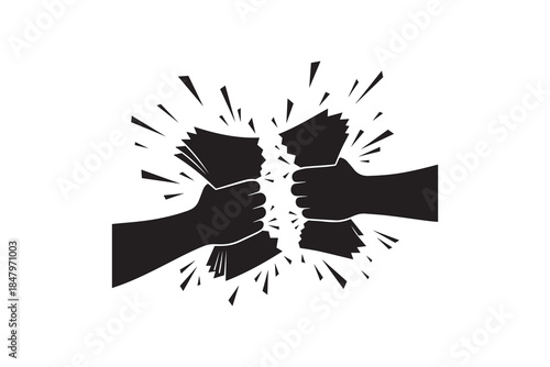 Hands tearing paper stack silhouette vector Breaking contract agreement