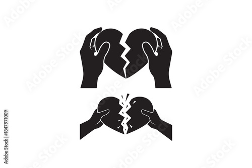 Hands breaking heart silhouette icon set Broken heart symbol held by hands