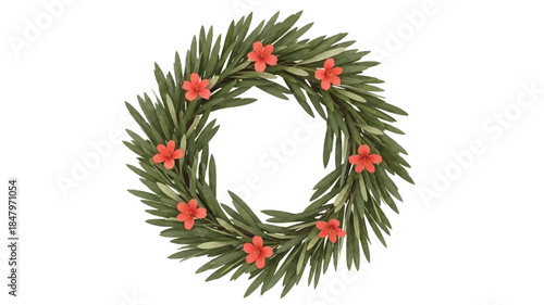 A circular wreath of lush green olive branches with vibrant red flowers