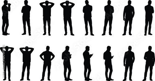 Extensive Collection of Standing Adult Male Silhouettes in Various Poses, Including Men Using Phones, Looking Stressed, and Posing Formally, Representing Adults, Communication, and Daily Routine.
