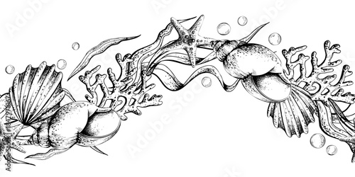 Marine life frame featuring seashell, starfish, and coral line art. Underwater world illustration for graphic design or a coloring book. Seamless border pattern outline hand drawn