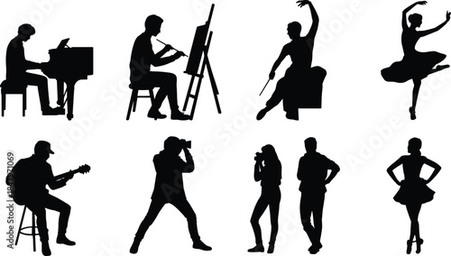 Creative arts silhouette vector set with music, dance, painting, and photography for lifestyle, education, and performance themes.