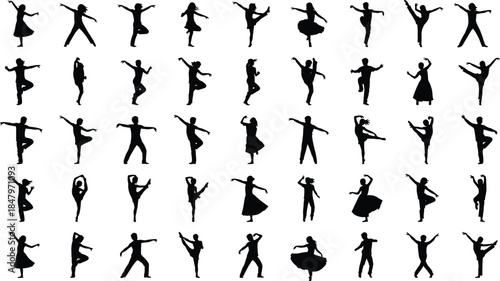Extensive Collection of Standing People Silhouettes, Including Formal and Casual Groups of Men and Women in Various Poses, Representing Adults, Diversity, and Social Interaction.
