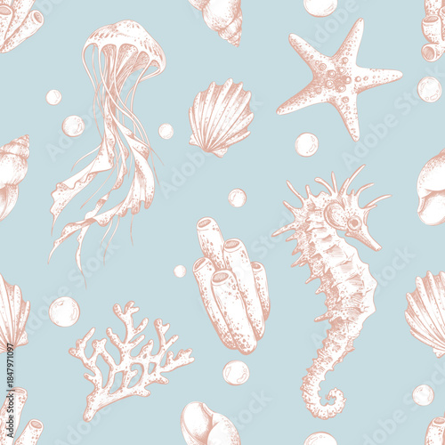 Seamless pattern with hand-drawn jellyfish, seahorse, shell, coral reef and starfish. Marine life background for ocean theme. Beautiful sea creatures sketch. Outline graphic illustration on a blue