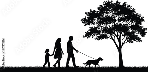 Family silhouette walking outdoors, parents with child and dog, peaceful park scene, nature background, leisure lifestyle, bonding, happiness, community connection
