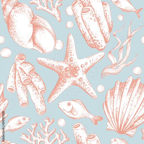 Seamless pattern with hand-drawn marine life illustrations. Underwater world concept for textile, wrapping paper, wallpaper, and fabric design. Ocean creatures art. Outline graphic illustration