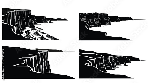 Dramatic cliffs and cascading waterfalls meeting the ocean in a stark illustration