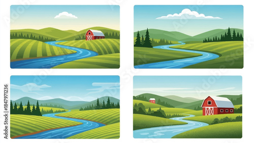 Scenic countryside landscapes featuring rolling green hills rivers and red barns