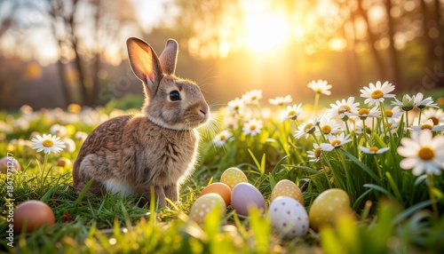 A realistic brown Holland Lop rabbit sitting in a lush spring meadow filled with daisies and yellow tulips.  and easter egg